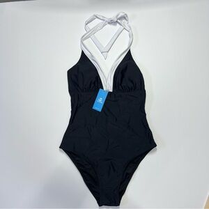 Cupshe One Piece Swimsuit Black White Halter Medium NWT Tummy Control